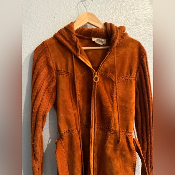 Vintage 1970s Terracotta Leather Suede Knit Crochet Hooded Jacket Coat - Picture 5 of 12